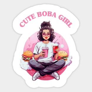 CUTE GIRL DRINKING BOBA TEA AND EATING BURGER. Sticker